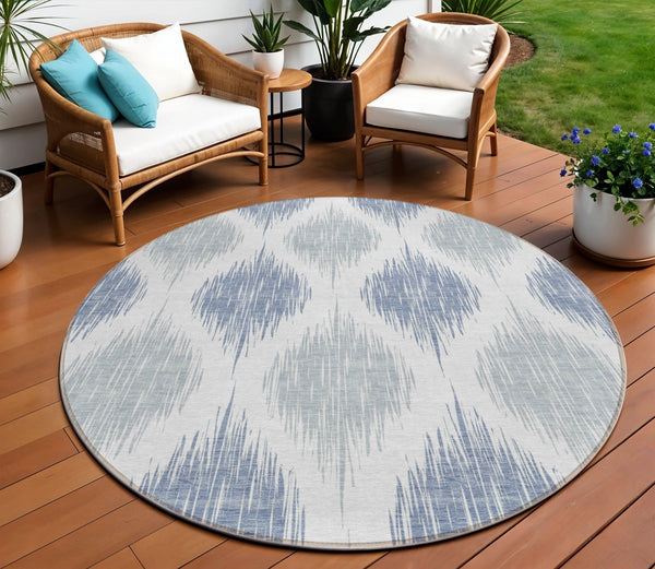 Homeroots 3' Stylish Artichoke Green Ivory Gray Ikat Washable Area Rug For Indoor Outdoor Spaces, Durable Design 8' Round Polyester 589124