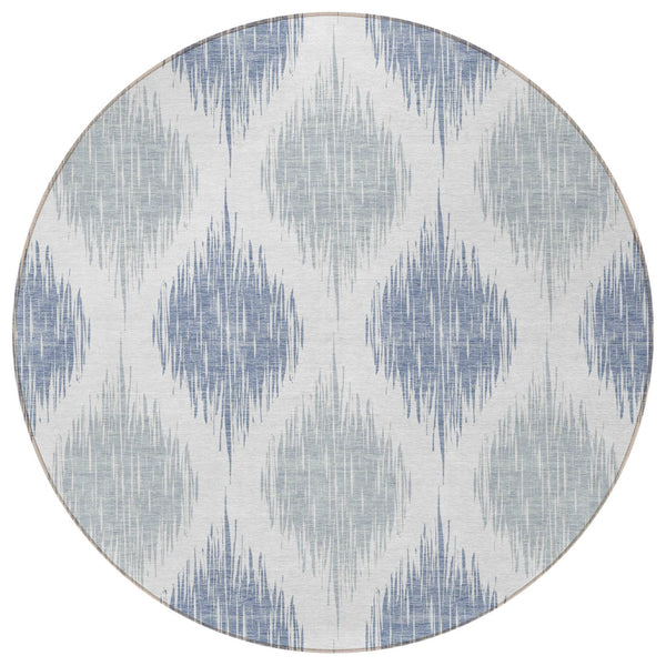 Homeroots 3' Stylish Artichoke Green Ivory Gray Ikat Washable Area Rug For Indoor Outdoor Spaces, Durable Design 8' Round Polyester 589124