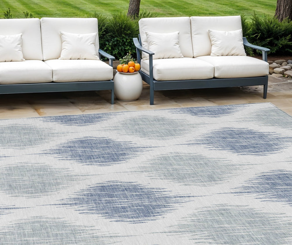 HomeRoots 9' Stylish Ikat Area Rug in Sky Blue, Ivory, and Denim Blue - Durable, Washable for Indoor/Outdoor Use 9' X 12' 589126