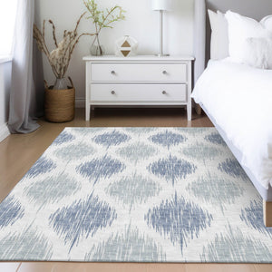 Homeroots 3' Stylish Artichoke Green Ivory Gray Ikat Washable Area Rug For Indoor Outdoor Spaces, Durable Design 10' X 14' Polyester 589127