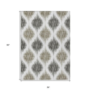 Homeroots 3' Stylish Artichoke Green Ivory Gray Ikat Washable Area Rug For Indoor Outdoor Spaces, Durable Design 3' X 5' Polyester 589128