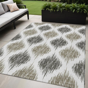 Homeroots 3' Stylish Artichoke Green Ivory Gray Ikat Washable Area Rug For Indoor Outdoor Spaces, Durable Design 5' X 8' Polyester 589129
