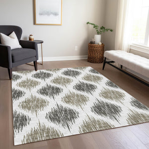 Homeroots 3' Stylish Artichoke Green Ivory Gray Ikat Washable Area Rug For Indoor Outdoor Spaces, Durable Design 5' X 8' Polyester 589129