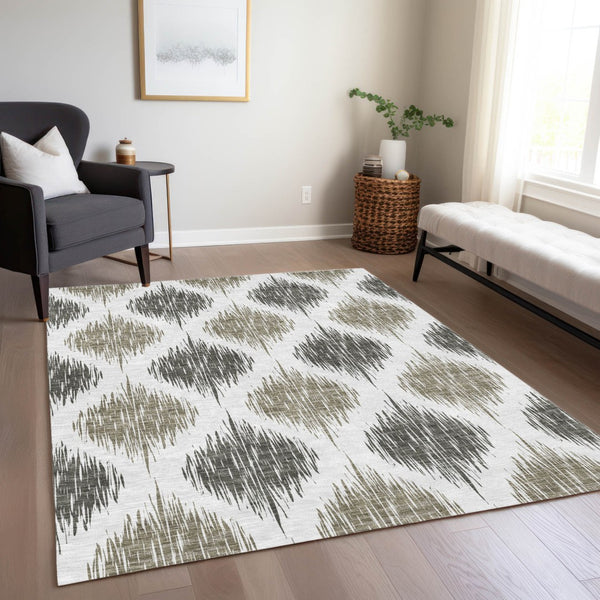 Homeroots 3' Stylish Artichoke Green Ivory Gray Ikat Washable Area Rug For Indoor Outdoor Spaces, Durable Design 5' X 8' Polyester 589129
