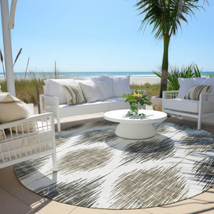 Homeroots 3' Stylish Artichoke Green Ivory Gray Ikat Washable Area Rug For Indoor Outdoor Spaces, Durable Design 8' Round Polyester 589130