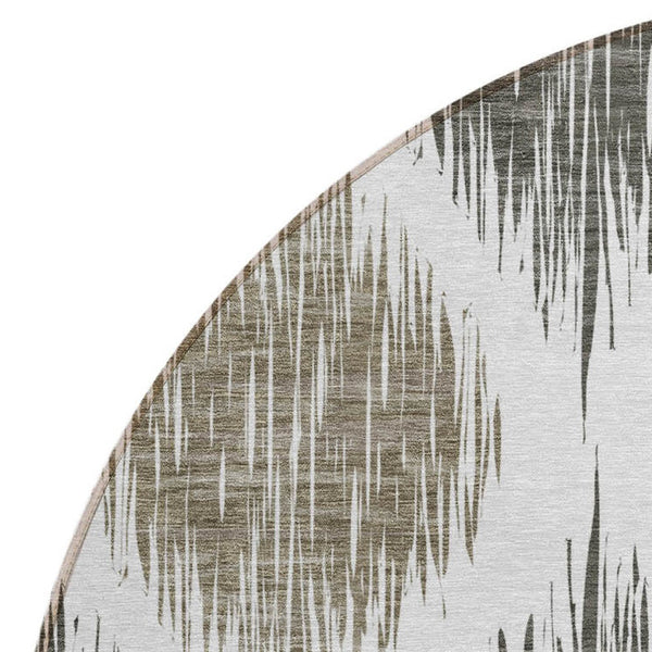 Homeroots 3' Stylish Artichoke Green Ivory Gray Ikat Washable Area Rug For Indoor Outdoor Spaces, Durable Design 8' Round Polyester 589130