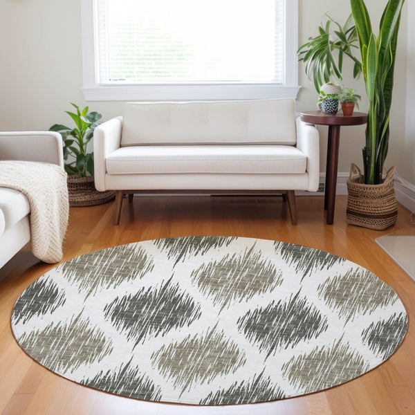 Homeroots 3' Stylish Artichoke Green Ivory Gray Ikat Washable Area Rug For Indoor Outdoor Spaces, Durable Design 8' Round Polyester 589130