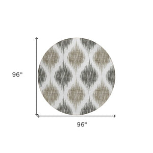 Homeroots 3' Stylish Artichoke Green Ivory Gray Ikat Washable Area Rug For Indoor Outdoor Spaces, Durable Design 8' Round Polyester 589130
