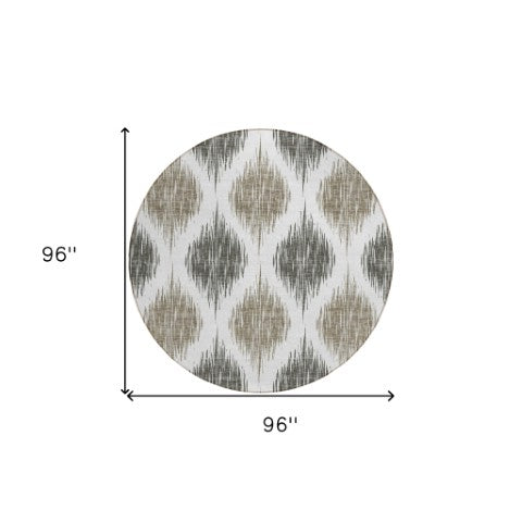 Homeroots 3' Stylish Artichoke Green Ivory Gray Ikat Washable Area Rug For Indoor Outdoor Spaces, Durable Design 8' Round Polyester 589130