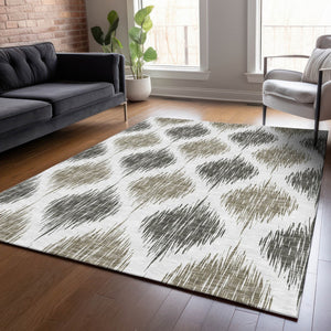 Homeroots 3' Stylish Artichoke Green Ivory Gray Ikat Washable Area Rug For Indoor Outdoor Spaces, Durable Design 8' X 10' Polyester 589131