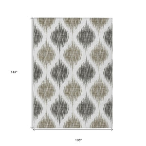 Homeroots 3' Stylish Artichoke Green Ivory Gray Ikat Washable Area Rug For Indoor Outdoor Spaces, Durable Design 9' X 12' Polyester 589132