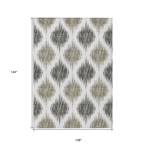 Homeroots 3' Stylish Artichoke Green Ivory Gray Ikat Washable Area Rug For Indoor Outdoor Spaces, Durable Design 9' X 12' Polyester 589132