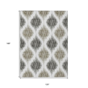 Homeroots 3' Stylish Artichoke Green Ivory Gray Ikat Washable Area Rug For Indoor Outdoor Spaces, Durable Design 10' X 14' Polyester 589133