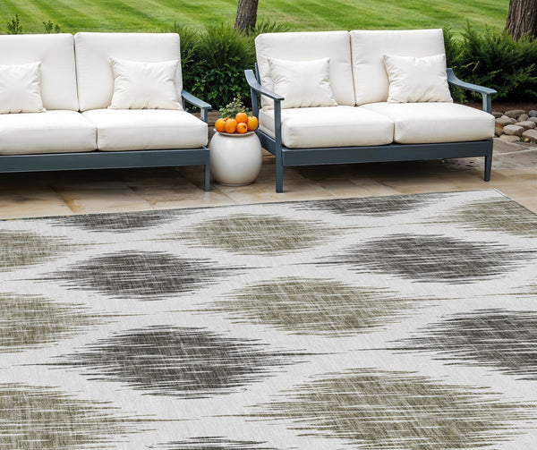 Homeroots 3' Stylish Artichoke Green Ivory Gray Ikat Washable Area Rug For Indoor Outdoor Spaces, Durable Design 10' X 14' Polyester 589133