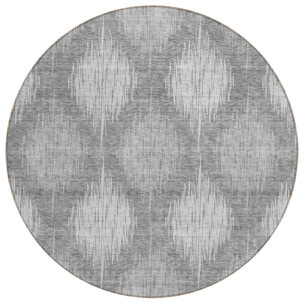 HomeRoots 5' Stylish Gray Silver Charcoal Ikat Washable Area Rug for Indoor/Outdoor High-Traffic Spaces 8' Round 589154