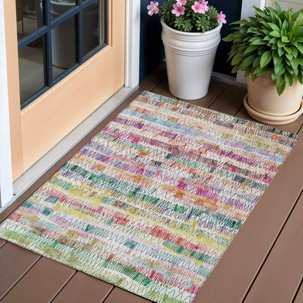 Homeroots 3' Green Ivory And Purple Striped Washable Area Rug – Stylish Indoor-outdoor Accent For Any Space 3' X 5' Polyester 589182