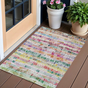 Homeroots 3' Green Ivory And Purple Striped Washable Area Rug – Stylish Indoor-outdoor Accent For Any Space 3' X 5' Polyester 589182