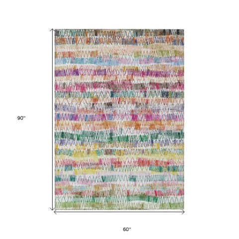 Homeroots 3' Green Ivory And Purple Striped Washable Area Rug – Stylish Indoor-outdoor Accent For Any Space 5' X 8' Polyester 589183