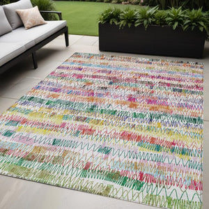 Homeroots 3' Green Ivory And Purple Striped Washable Area Rug – Stylish Indoor-outdoor Accent For Any Space 5' X 8' Polyester 589183