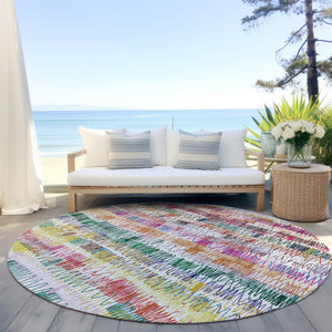 Homeroots 3' Green Ivory And Purple Striped Washable Area Rug – Stylish Indoor-outdoor Accent For Any Space 8' Round Polyester 589184