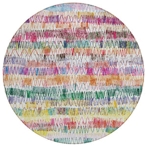 HomeRoots 5' Washable Striped Area Rug in Green, Ivory, Purple - Durable, Stain-Resistant for Indoor & Outdoor Use 8' Round 589184