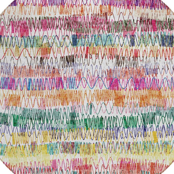 Homeroots 3' Green Ivory And Purple Striped Washable Area Rug – Stylish Indoor-outdoor Accent For Any Space 8' Round Polyester 589184