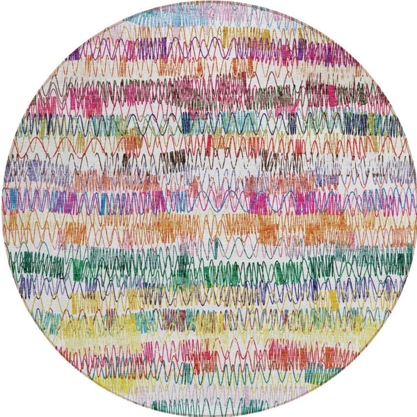 Homeroots 3' Green Ivory And Purple Striped Washable Area Rug – Stylish Indoor-outdoor Accent For Any Space 8' Round Polyester 589184