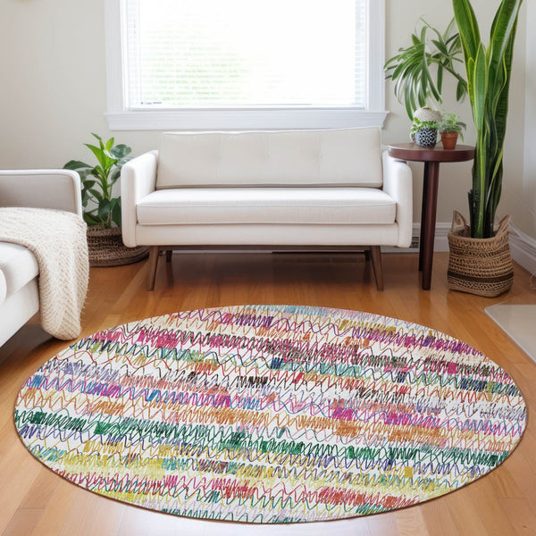 Homeroots 3' Green Ivory And Purple Striped Washable Area Rug – Stylish Indoor-outdoor Accent For Any Space 8' Round Polyester 589184