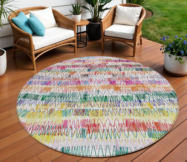 Homeroots 3' Green Ivory And Purple Striped Washable Area Rug – Stylish Indoor-outdoor Accent For Any Space 8' Round Polyester 589184