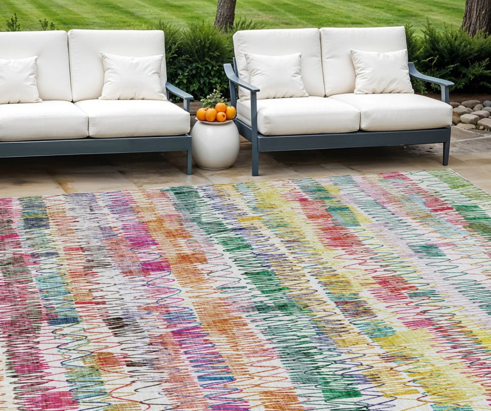 HomeRoots 9' Vibrant Green Ivory and Purple Striped Washable Area Rug for Indoor and Outdoor Spaces, Durable Style 9' X 12' 589186