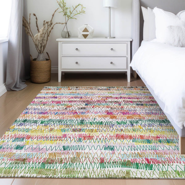 Homeroots 3' Green Ivory And Purple Striped Washable Area Rug – Stylish Indoor-outdoor Accent For Any Space 9' X 12' Polyester 589186