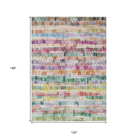 Homeroots 3' Green Ivory And Purple Striped Washable Area Rug – Stylish Indoor-outdoor Accent For Any Space 10' X 14' Polyester 589187