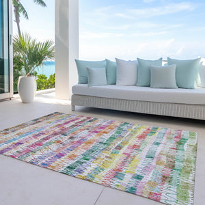 Homeroots 3' Green Ivory And Purple Striped Washable Area Rug – Stylish Indoor-outdoor Accent For Any Space 10' X 14' Polyester 589187