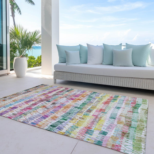 Homeroots 3' Green Ivory And Purple Striped Washable Area Rug – Stylish Indoor-outdoor Accent For Any Space 10' X 14' Polyester 589187
