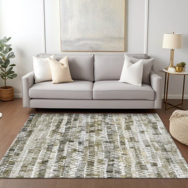 Homeroots 3' Green Ivory And Purple Striped Washable Area Rug – Stylish Indoor-outdoor Accent For Any Space 5' X 8' Polyester 589195