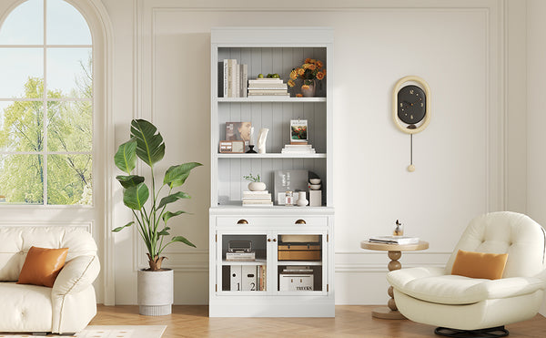 English Elm 83.4"Tall Modern Bookcase With Glass Doors & Drawer - Stylish Storage For Living Room Or Office Use N751S323419K
