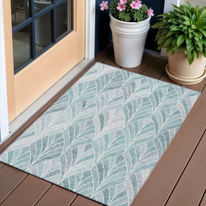 Homeroots 3' Aqua Mint Green And Silver Geometric Washable Area Rug For Indoor And Outdoor Spaces 3' X 5' Polyester 589200