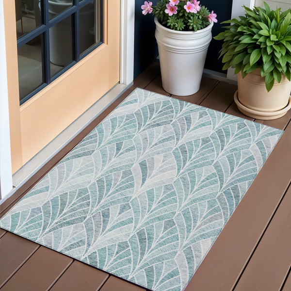 Homeroots 3' Aqua Mint Green And Silver Geometric Washable Area Rug For Indoor And Outdoor Spaces 3' X 5' Polyester 589200