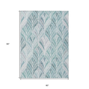 Homeroots 3' Aqua Mint Green And Silver Geometric Washable Area Rug For Indoor And Outdoor Spaces 5' X 8' Polyester 589201