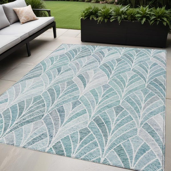 Homeroots 3' Aqua Mint Green And Silver Geometric Washable Area Rug For Indoor And Outdoor Spaces 5' X 8' Polyester 589201