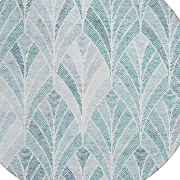 Homeroots 3' Aqua Mint Green And Silver Geometric Washable Area Rug For Indoor And Outdoor Spaces 8' Round Polyester 589202