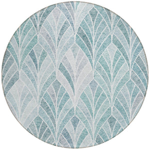 Homeroots 3' Aqua Mint Green And Silver Geometric Washable Area Rug For Indoor And Outdoor Spaces 8' Round Polyester 589202