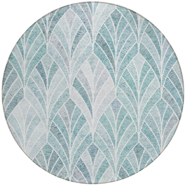 Homeroots 3' Aqua Mint Green And Silver Geometric Washable Area Rug For Indoor And Outdoor Spaces 8' Round Polyester 589202