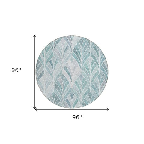 Homeroots 3' Aqua Mint Green And Silver Geometric Washable Area Rug For Indoor And Outdoor Spaces 8' Round Polyester 589202