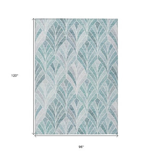 Homeroots 3' Aqua Mint Green And Silver Geometric Washable Area Rug For Indoor And Outdoor Spaces 8' X 10' Polyester 589203
