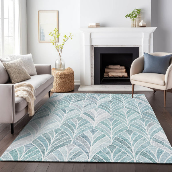Homeroots 3' Aqua Mint Green And Silver Geometric Washable Area Rug For Indoor And Outdoor Spaces 9' X 12' Polyester 589204