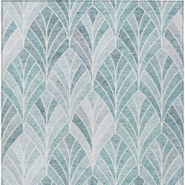 Homeroots 3' Aqua Mint Green And Silver Geometric Washable Area Rug For Indoor And Outdoor Spaces 10' X 14' Polyester 589205