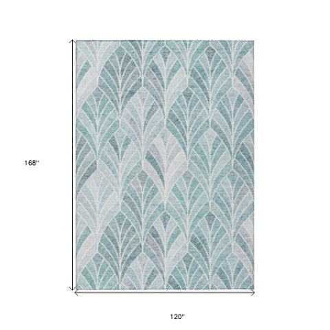 Homeroots 3' Aqua Mint Green And Silver Geometric Washable Area Rug For Indoor And Outdoor Spaces 10' X 14' Polyester 589205