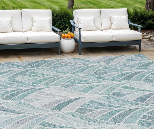 Homeroots 3' Aqua Mint Green And Silver Geometric Washable Area Rug For Indoor And Outdoor Spaces 10' X 14' Polyester 589205