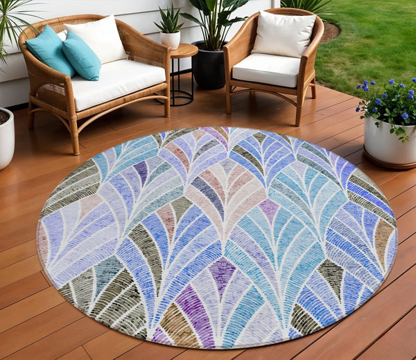 Homeroots 3' Aqua Mint Green And Silver Geometric Washable Area Rug For Indoor And Outdoor Spaces 8' Round Polyester 589208
